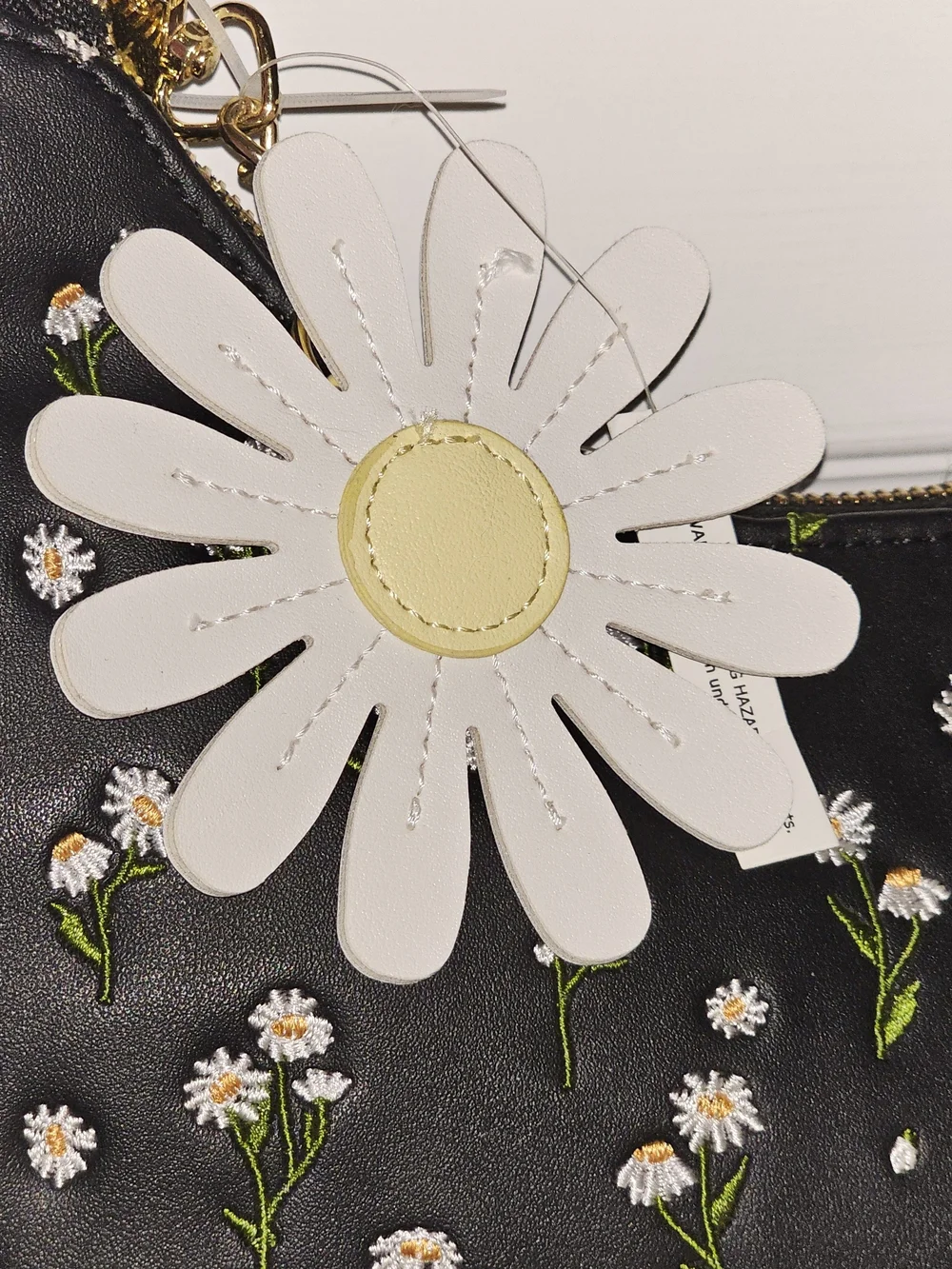 Betsey Johnson Black Daisy Crescent Shoulder Bag with Cream Charm